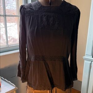 Women's Black Long-Sleeve Lace-Trim Peplum Blouse